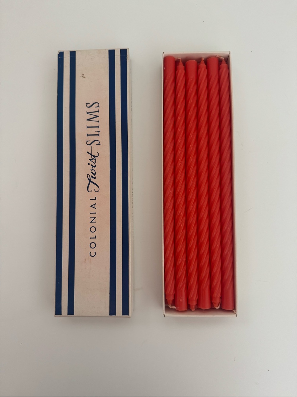 Full Box of 12 Vintage Colonial Candles of Cape Cod “Twist Slims” Orange